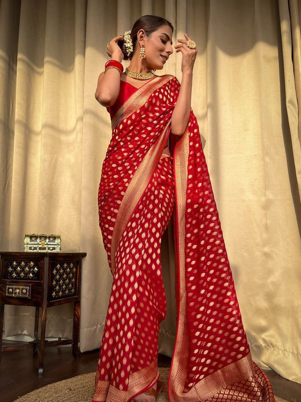 Heavy Red Silk Saree Perfect for Engagement and Reception