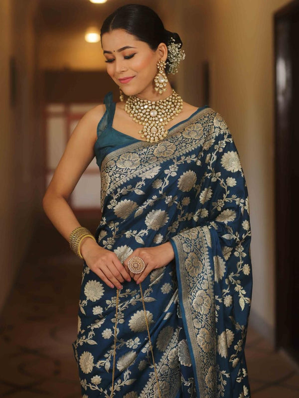 Royal Wedding Dark Grey Silk Saree with Golden Weaving and Motifs
