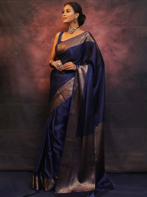 Charming Nevy Blue Banarasi Silk Saree with Beautiful Floral Zari Work