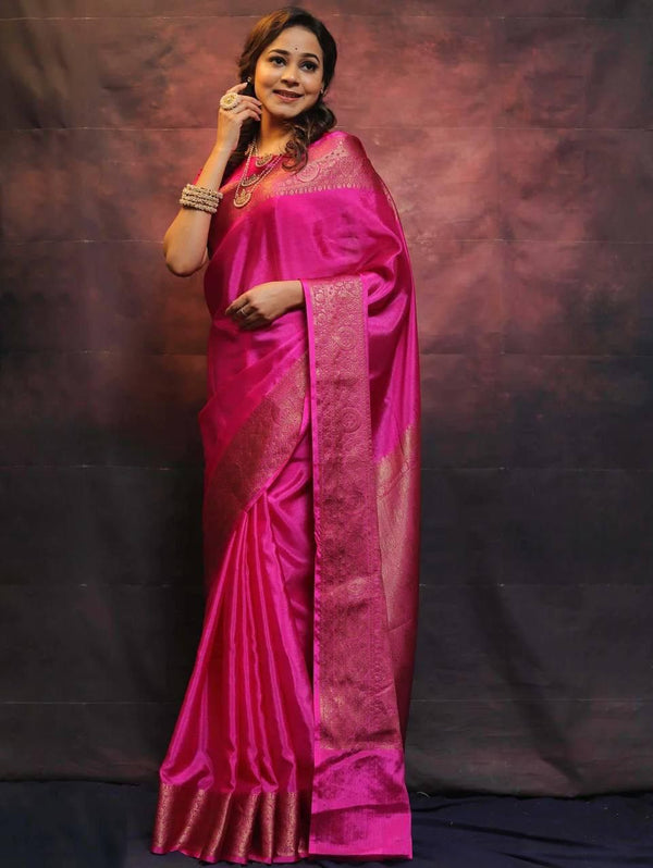 Rich Pink Soft Silk Saree with Detailed Temple Border Design