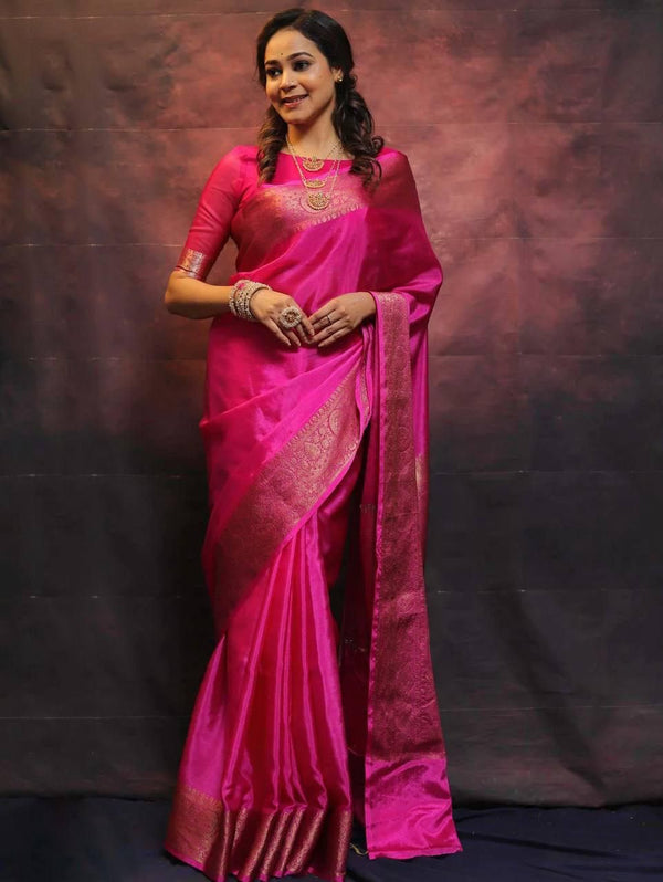Rich Pink Soft Silk Saree with Detailed Temple Border Design