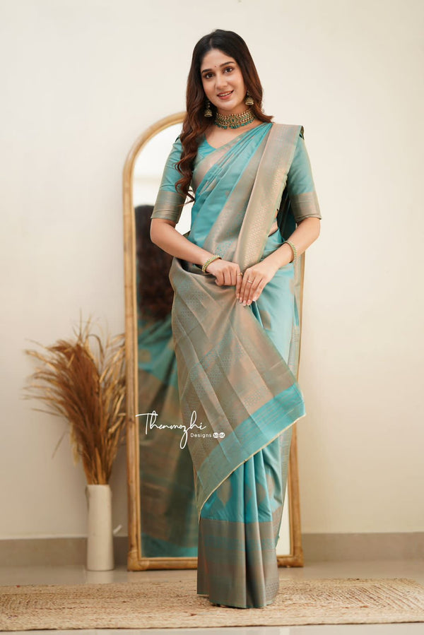 Gorgeous Sky Wedding Silk Saree with Beautiful Motif Design