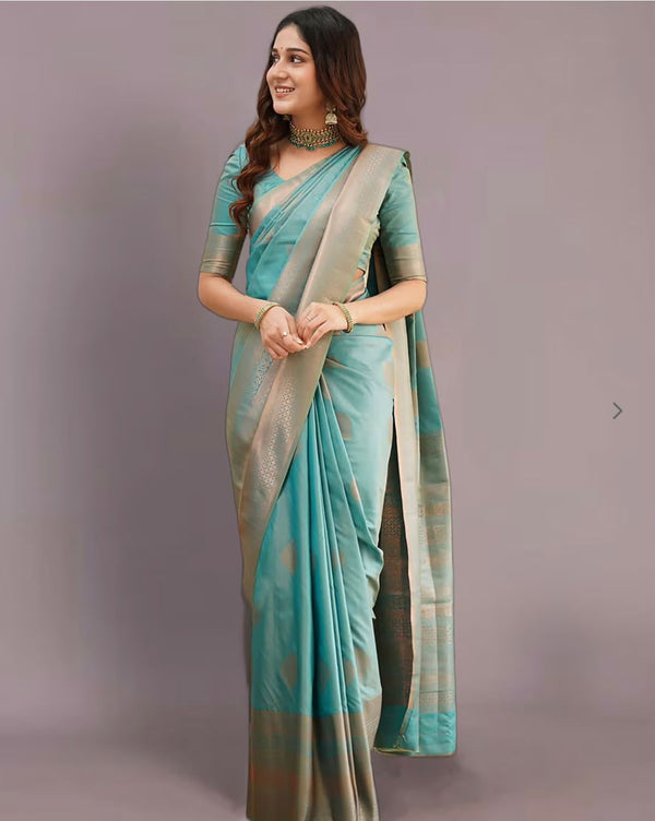 Gorgeous Sky Wedding Silk Saree with Beautiful Motif Design