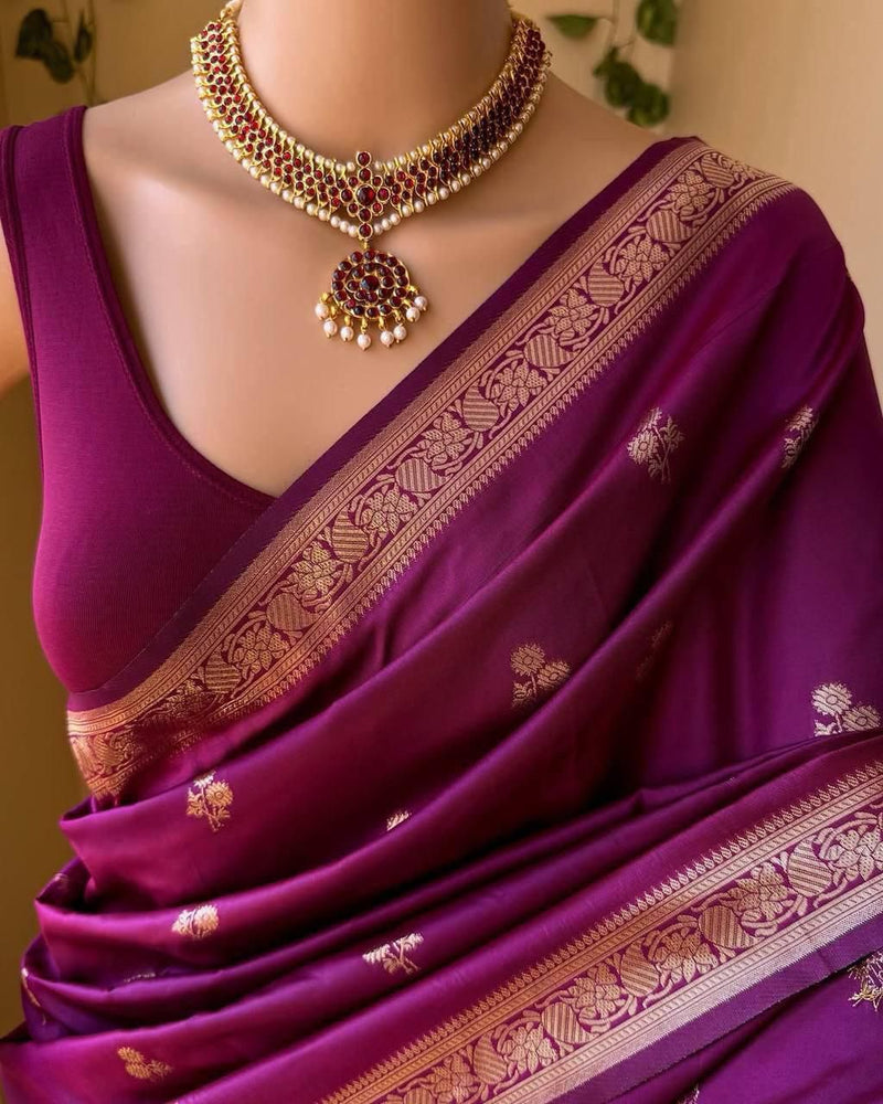 Royal Wedding Wine Silk Saree with Precious Zari Detailing