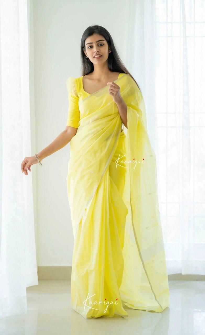 Unique Yellow Pure Silk Saree with Modern Ethnic Patterns