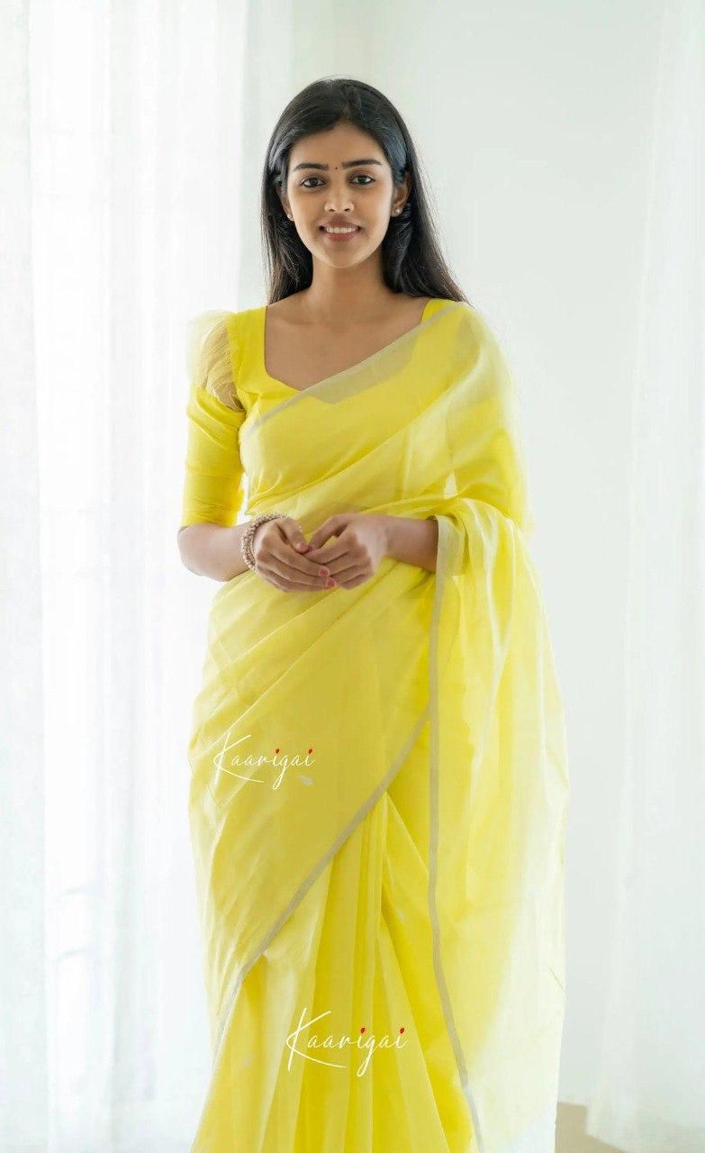 Unique Yellow Pure Silk Saree with Modern Ethnic Patterns