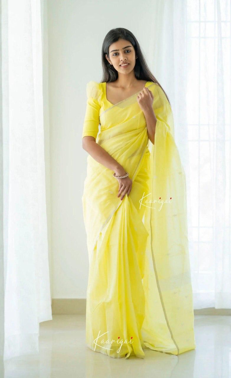 Unique Yellow Pure Silk Saree with Modern Ethnic Patterns