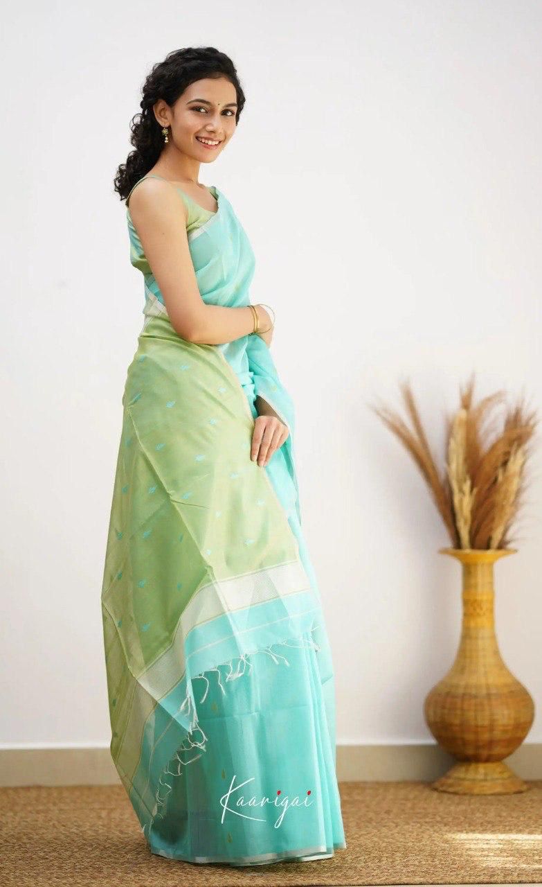 Premium Sky-Pista Bridal Silk Saree with Heavy Pallu Work
