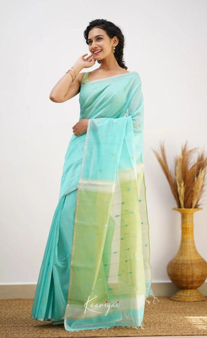 Premium Sky-Pista Bridal Silk Saree with Heavy Pallu Work