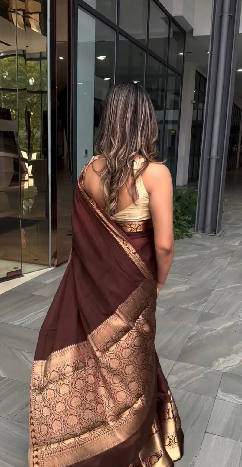 Stunning Brown Kanjivaram Silk Saree with Majestic Border