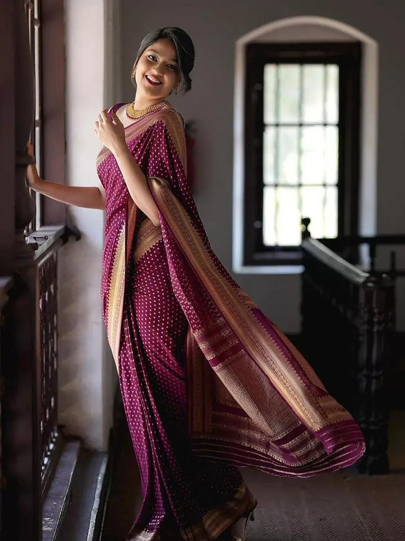 Charming Wine Soft Silk Saree with Contrast Border Highlights