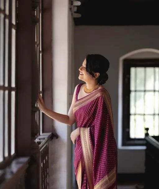 Charming Wine Soft Silk Saree with Contrast Border Highlights